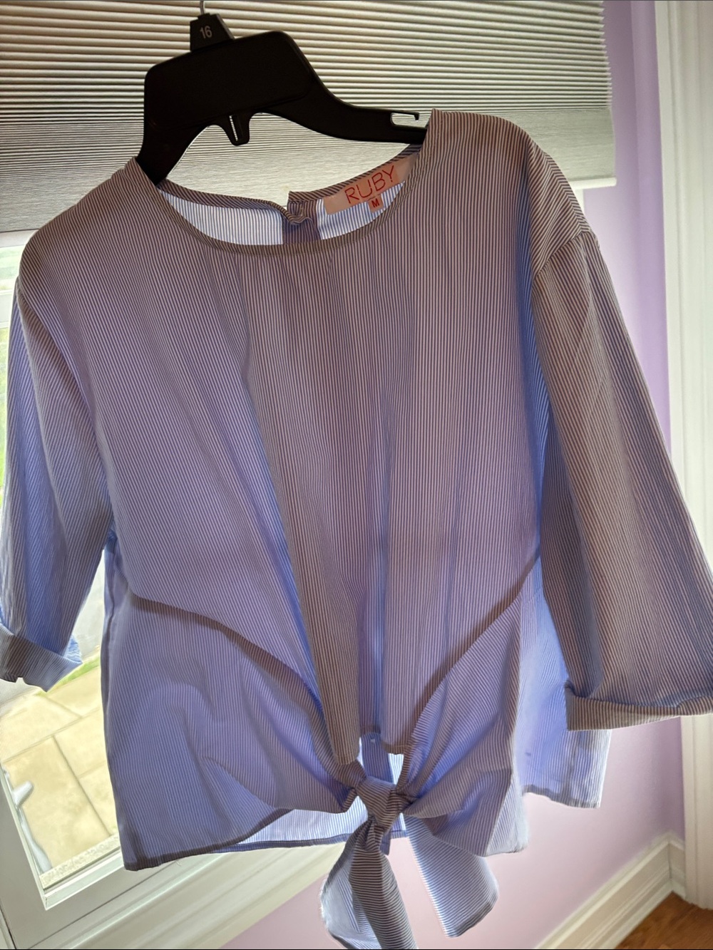 Women's Blue Pinstripe Tie-Hem Blouse